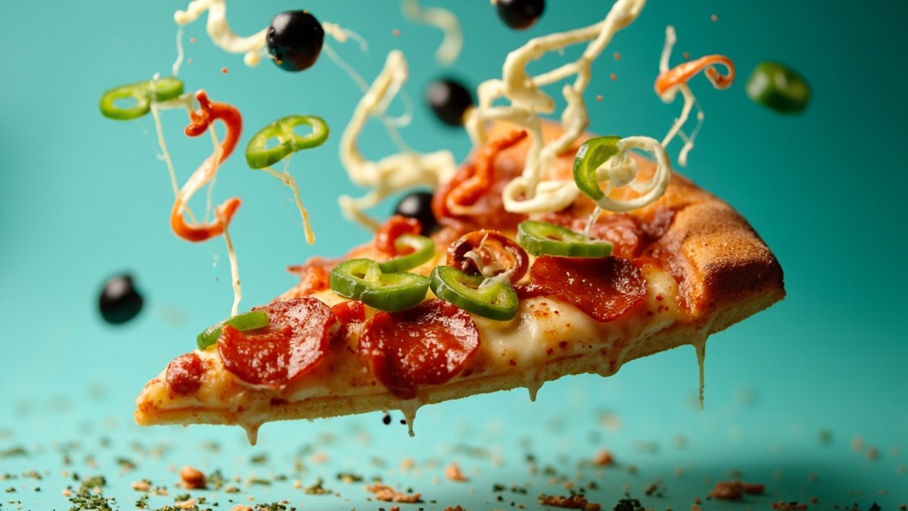 Floating Pizza Slice with Levitating Toppings