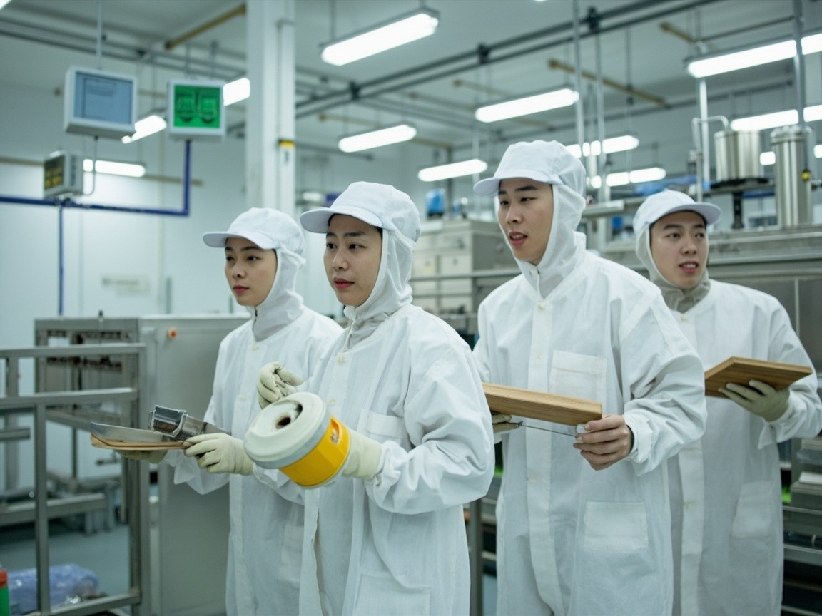 Four Asian Workers Constructing in a Food Factory