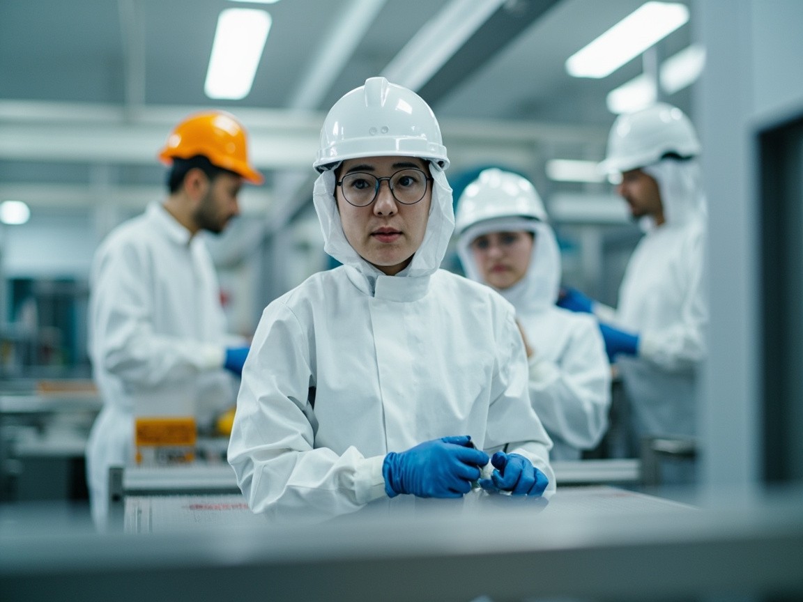 Four Asian Workers in a Food Factory Cleanroom