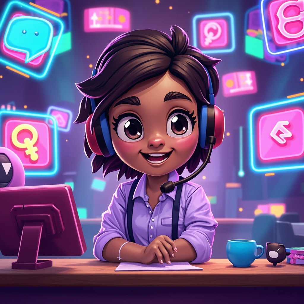 Friendly Cartoon Character at Futuristic Game Support Desk