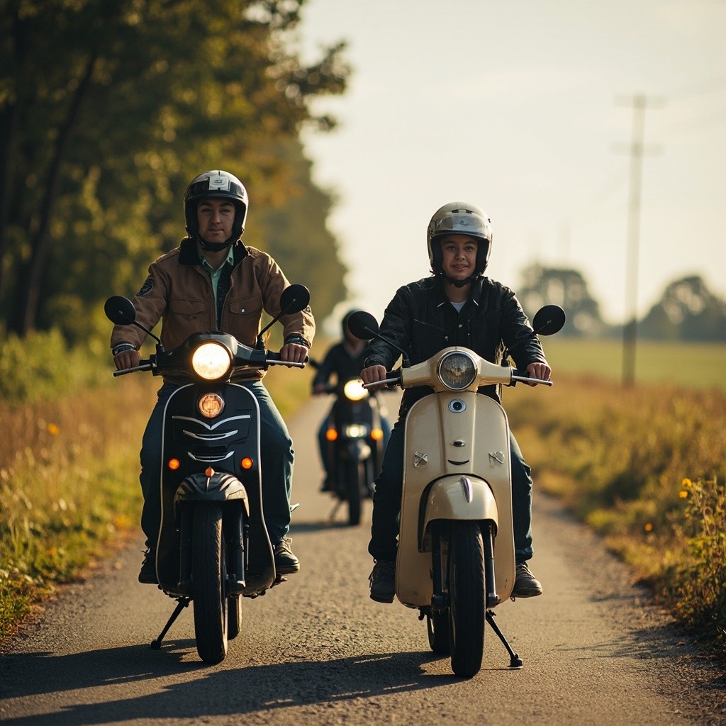 Friends Riding Mopeds on Small Country Roads