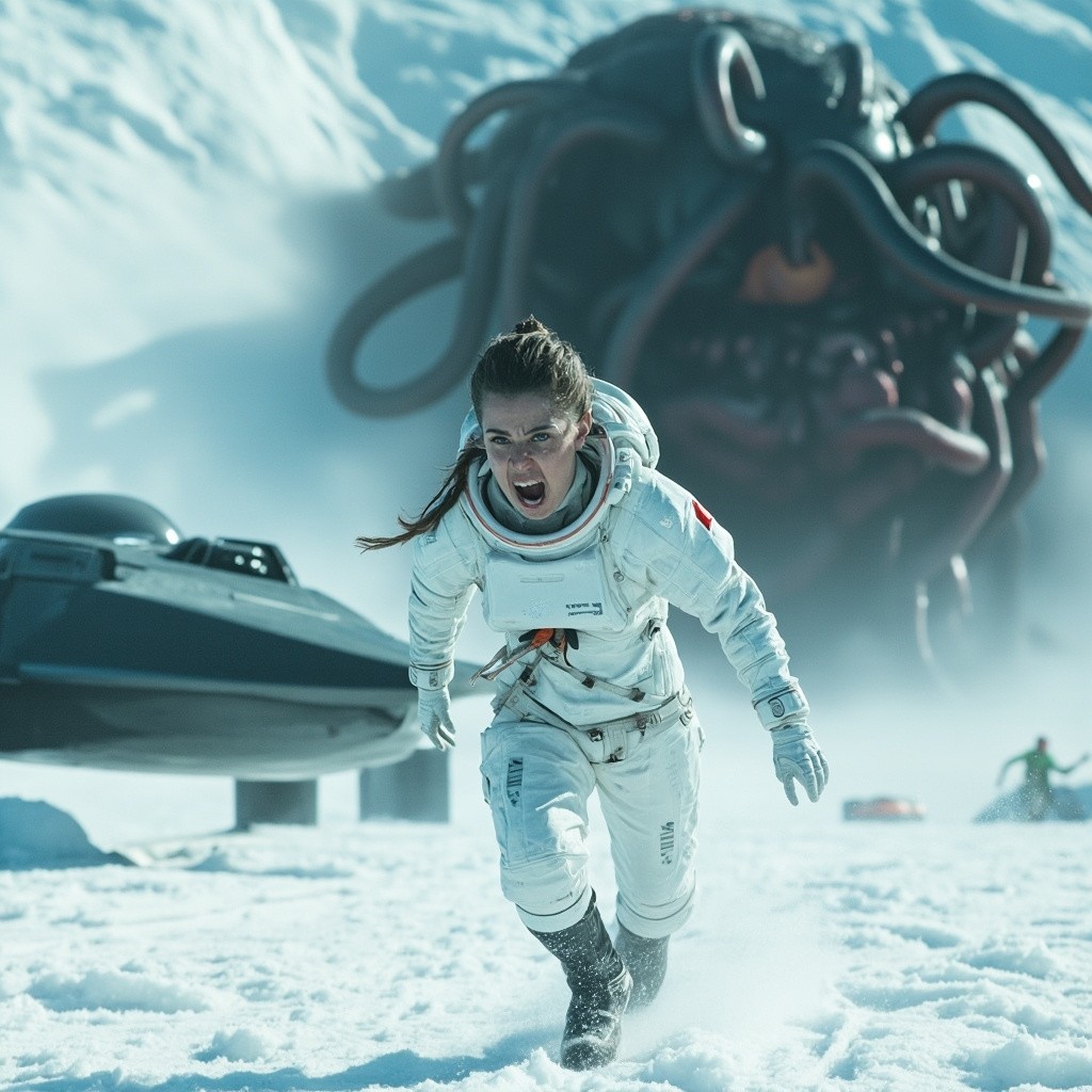Frightened Astronaut Escapes Monster on Snowy Alien Landscape