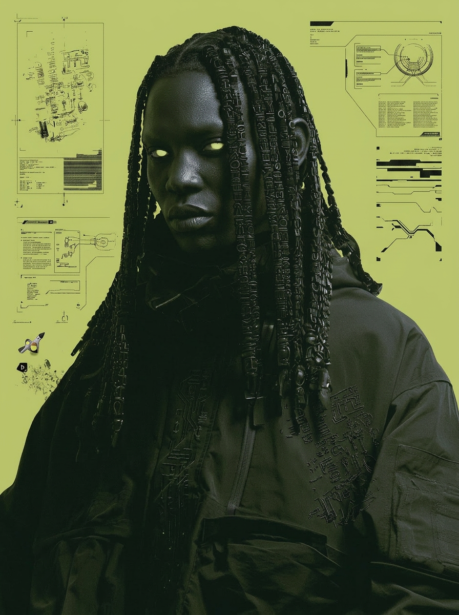 Cyber-Ritual Portrait with Ebony Figure & Geometric Braids Cyber-Ritual Portrait with Ebony Figure & Geometric Braids