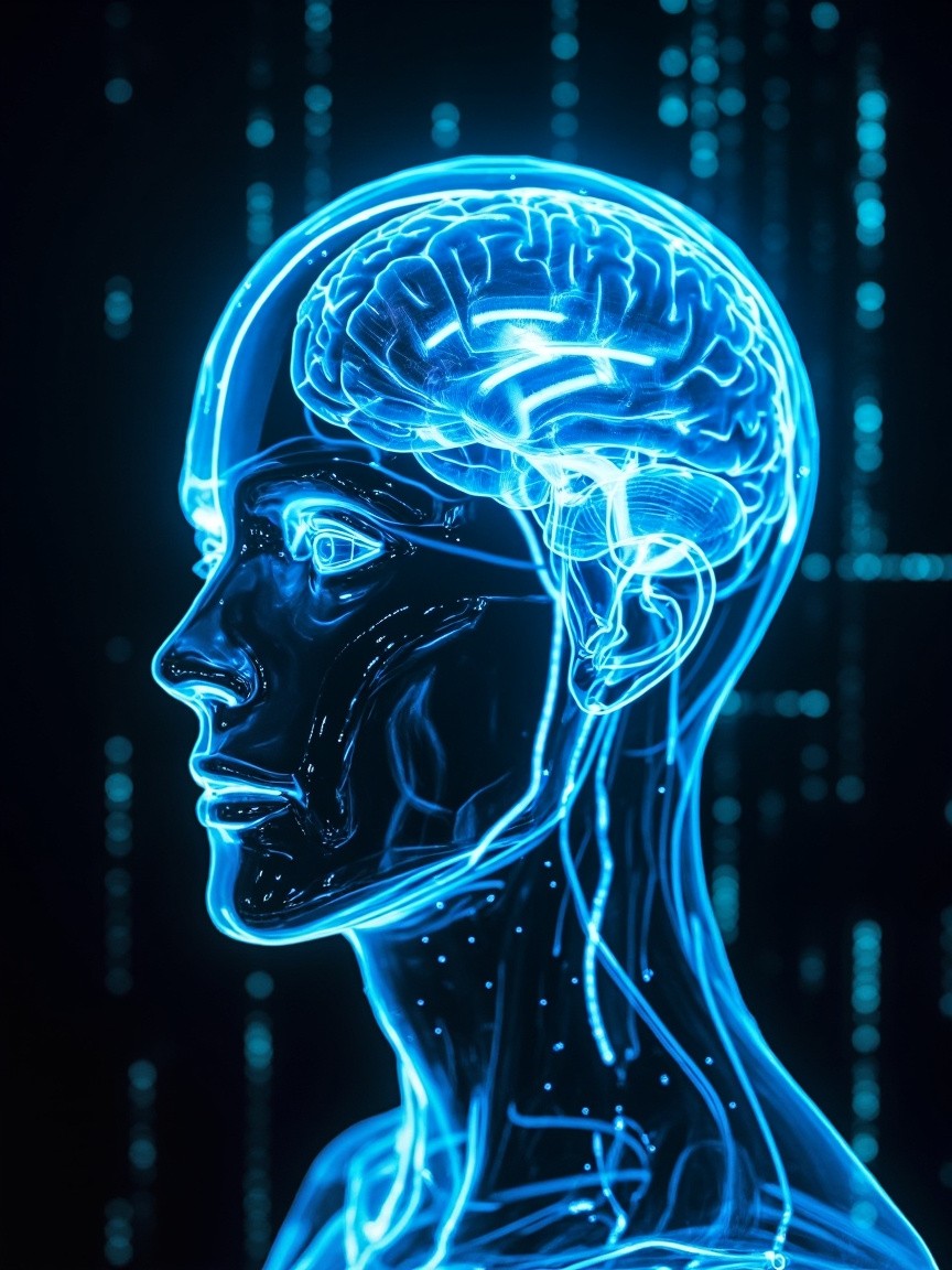 Futuristic Human Head Displaying Brain Activity