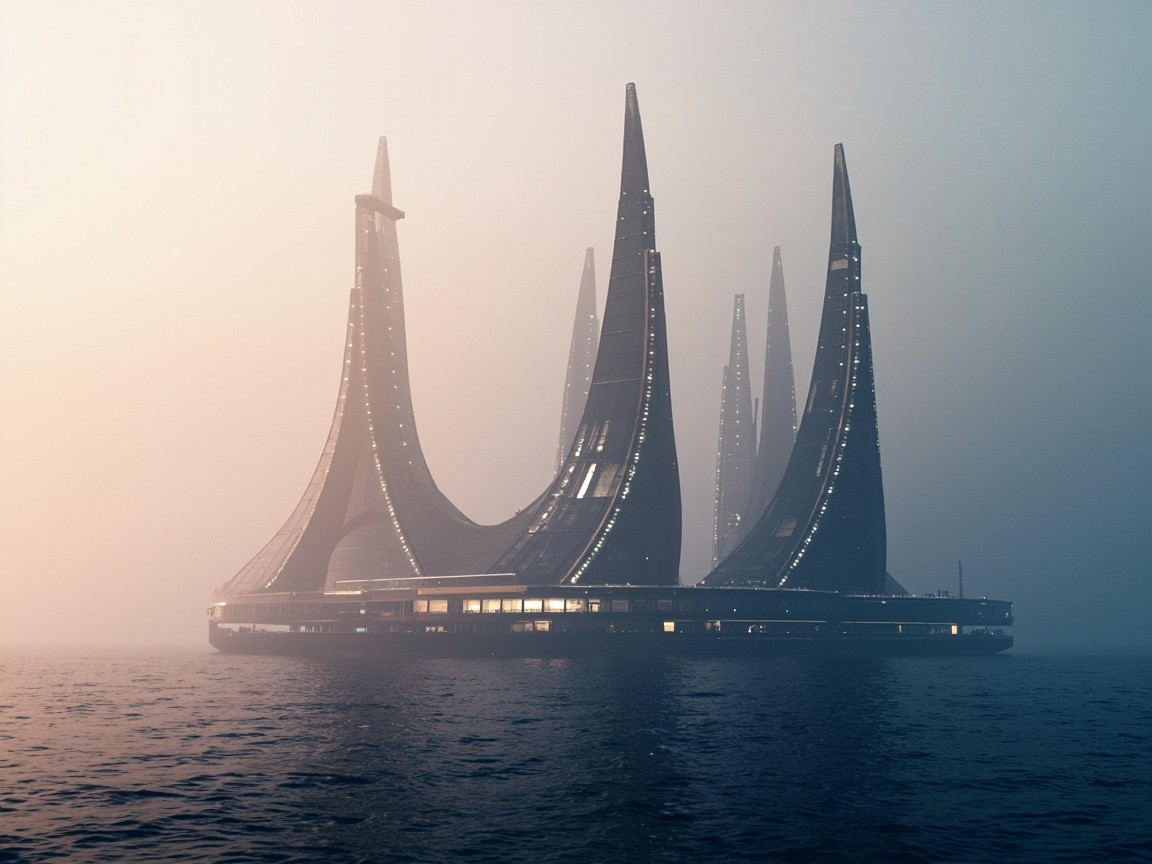 Futuristic Sailboat-Inspired Spire Structures at Dawn