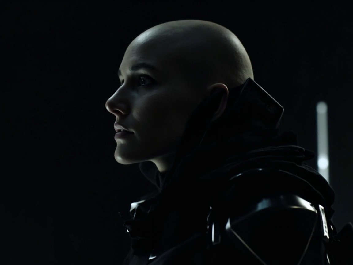 Futuristic Woman in Sleek Black Exosuit Portrait
