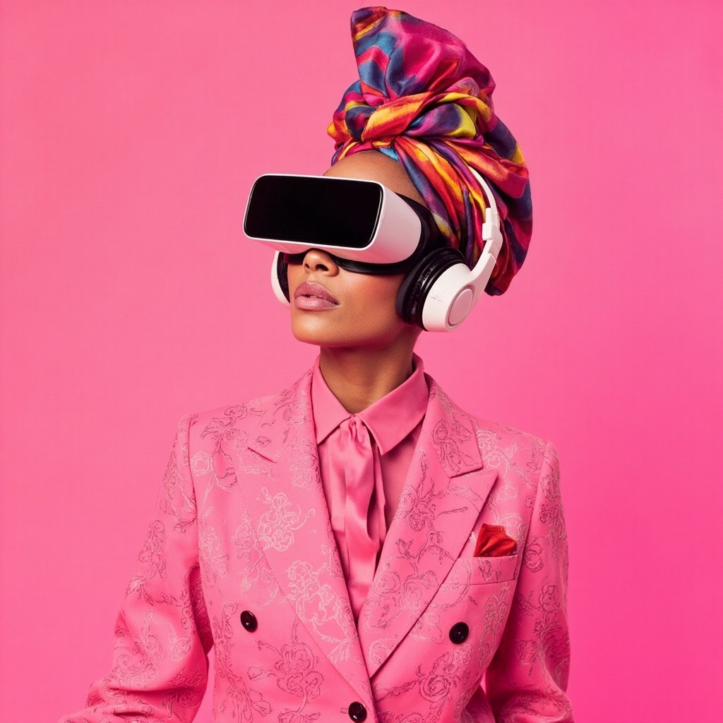 Futuristic Woman with VR Headset in Pink Setting