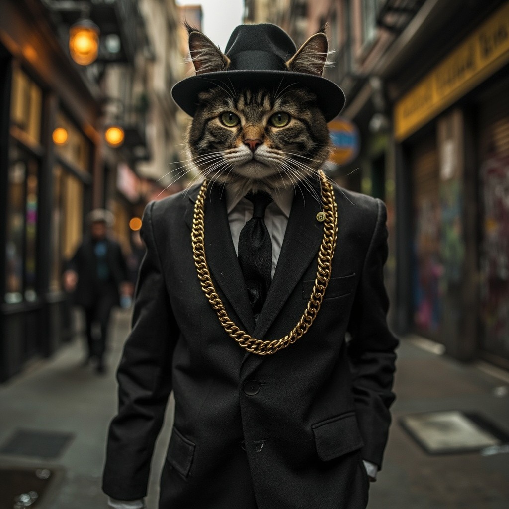 Gangster Cat with Gold Chains in Urban Street