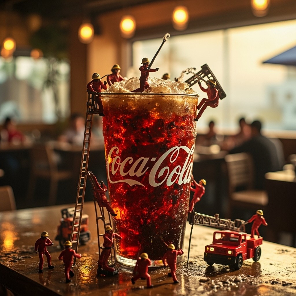 Giant McDonald's Coke Overwhelms Miniature Firefighters
