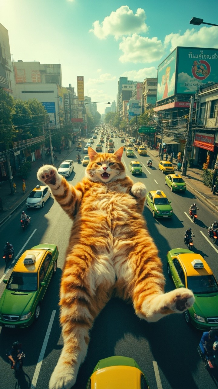 Giant Tabby Cat Blocks Traffic in Bangkok