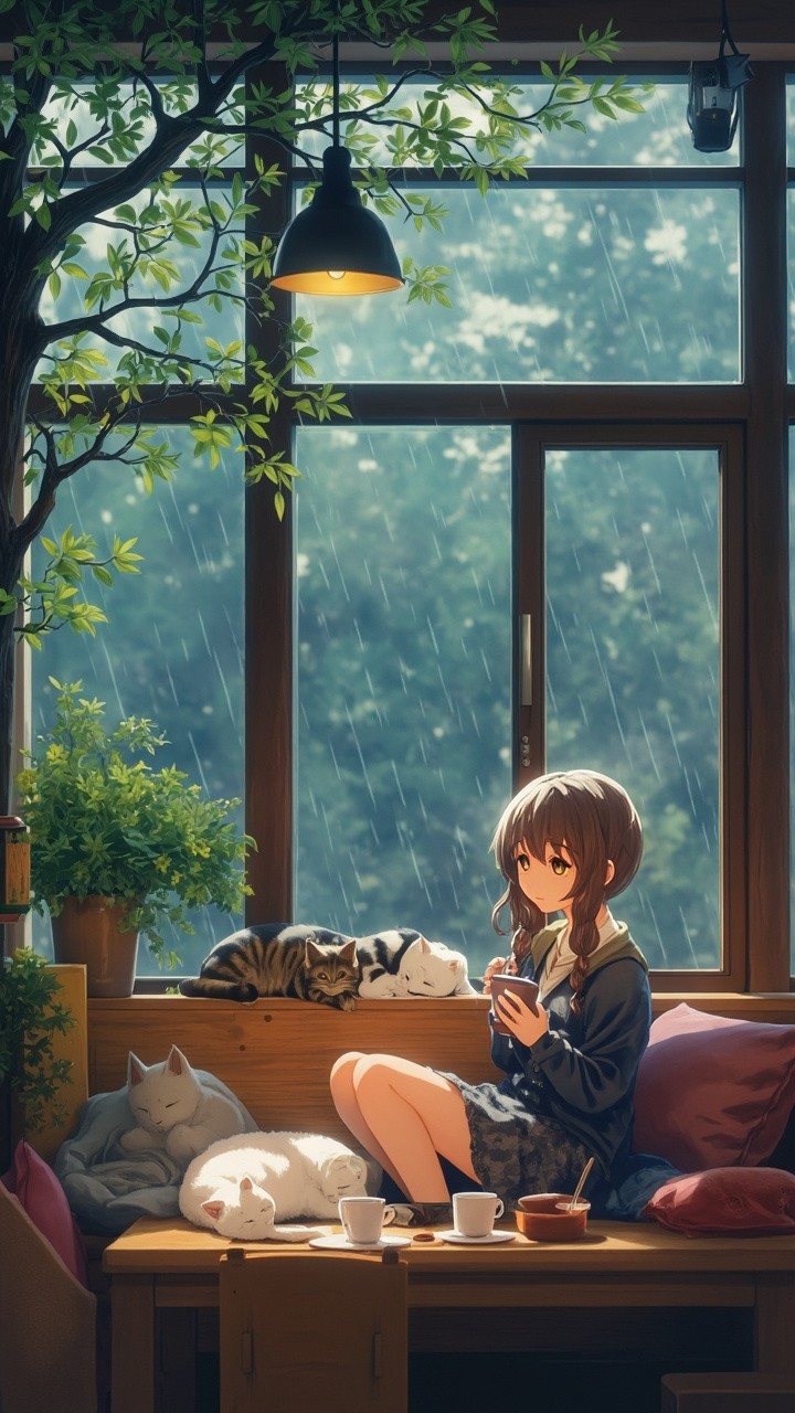 Girl Daydreaming in Cat Café on Rainy Afternoon