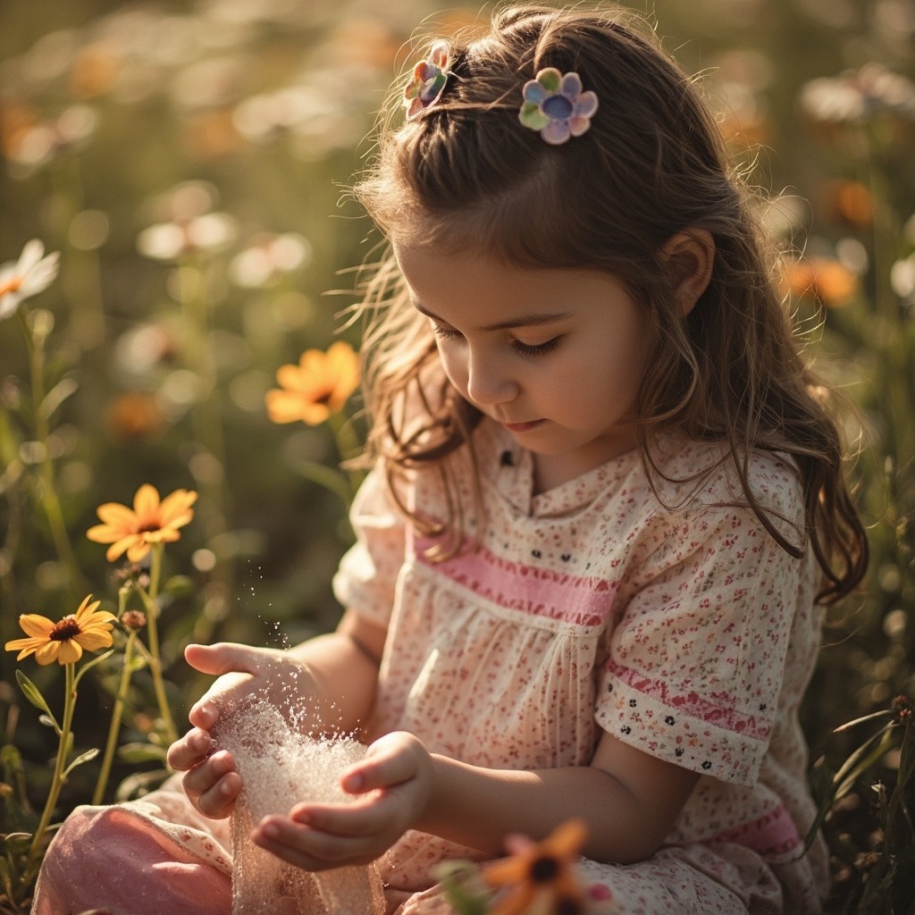Girl Examining Summer Fabric in Her Hands