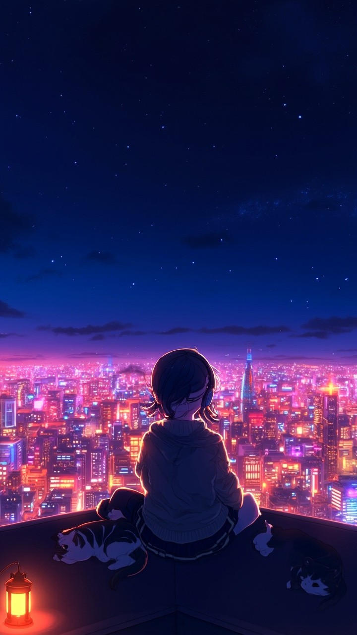 Girl Gazing at Neon Cityscape from Rooftop