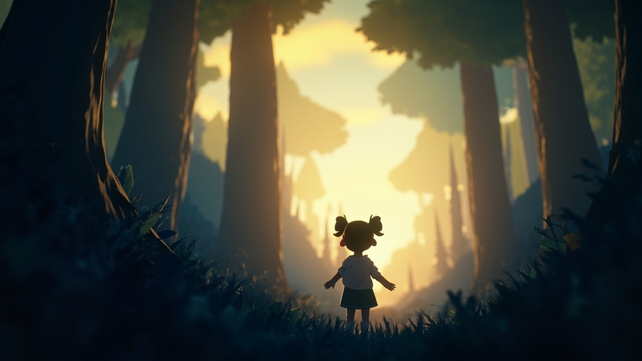 Girl Listening to Song in Enchanted Morning Forest