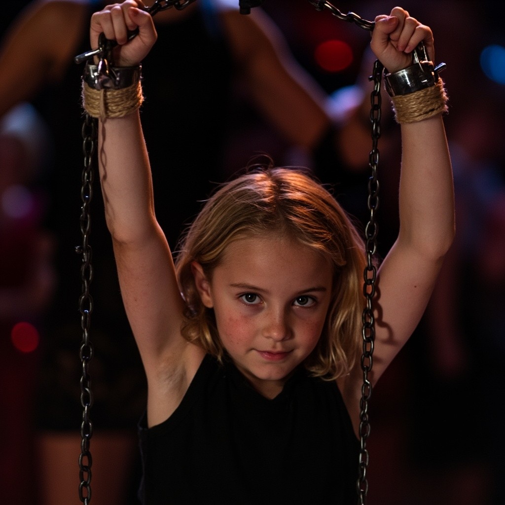Girl Performing with Handcuffs in Dimly Lit Space