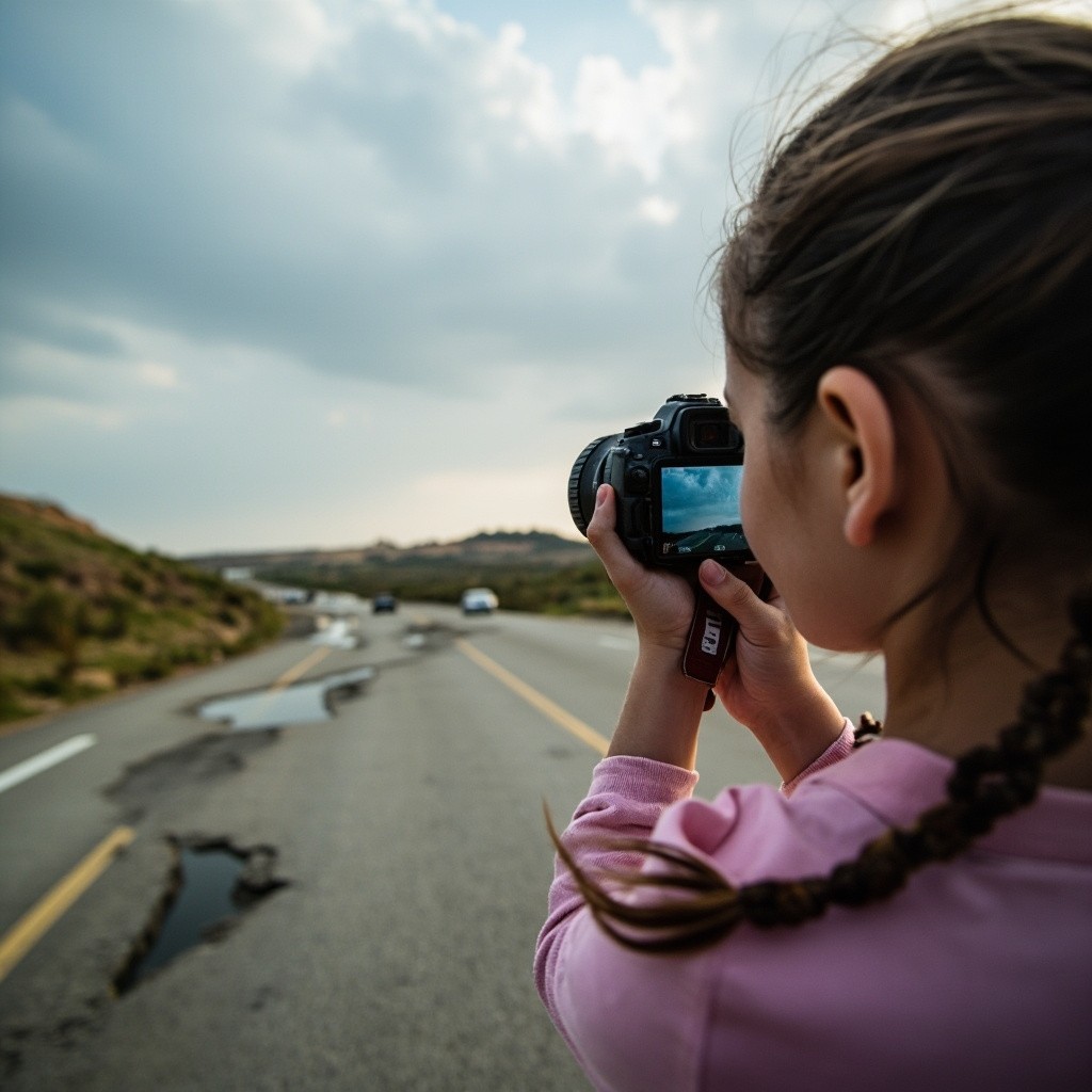 Girl Photographs a Broken Road