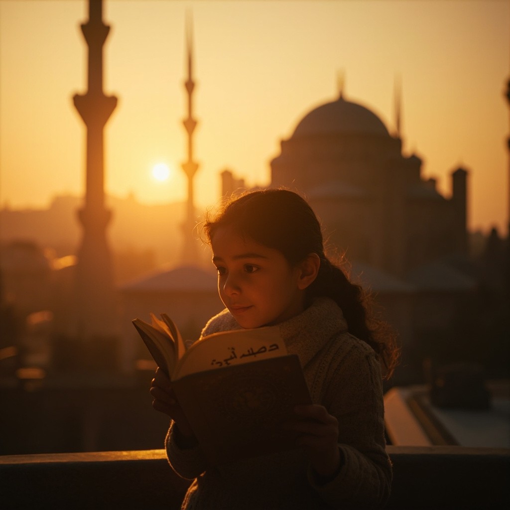 Girl Reading 'Imaan' at Sunset near Mosque