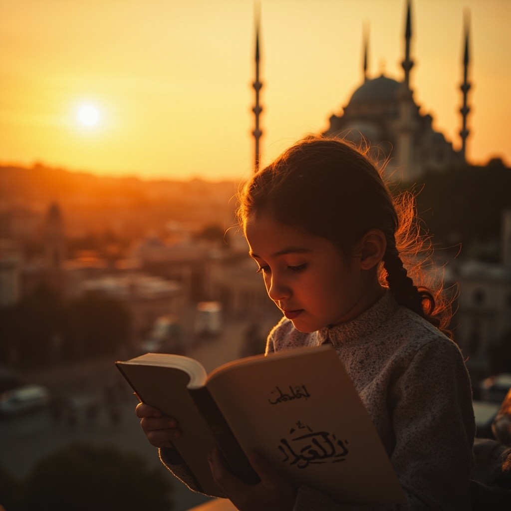 Girl Reading Book at Sunset near Mosque