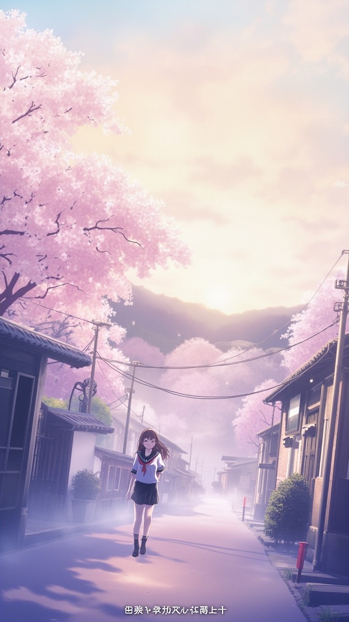 Girl Walking School Path in Cherry Blossom Sunrise