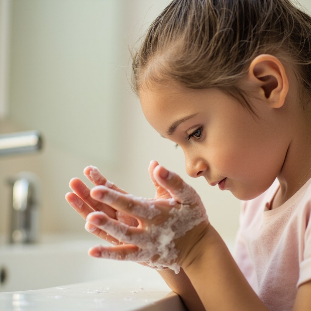 Girl Washing Hands in Bathtub, Soap Foam Visible