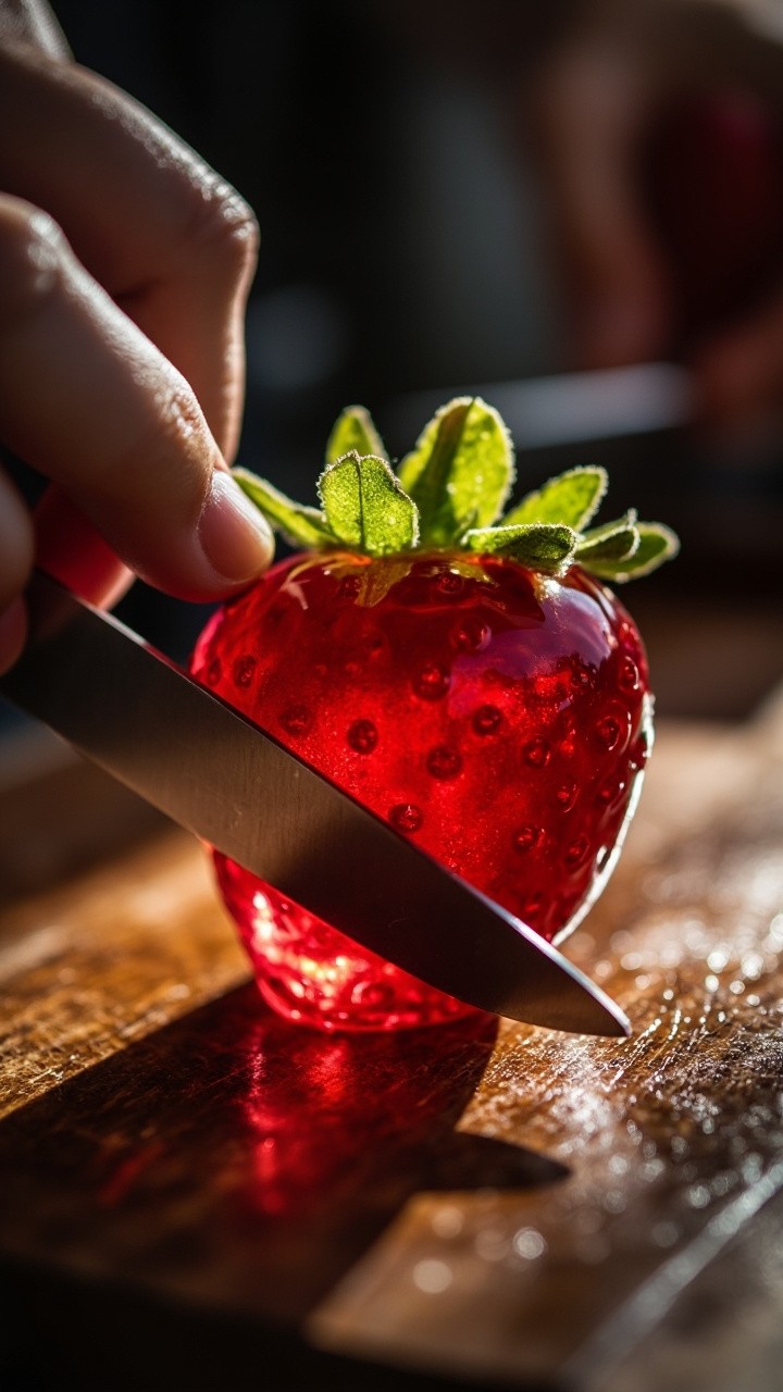 Glossy Jelly Strawberry Sliced on Wooden Board