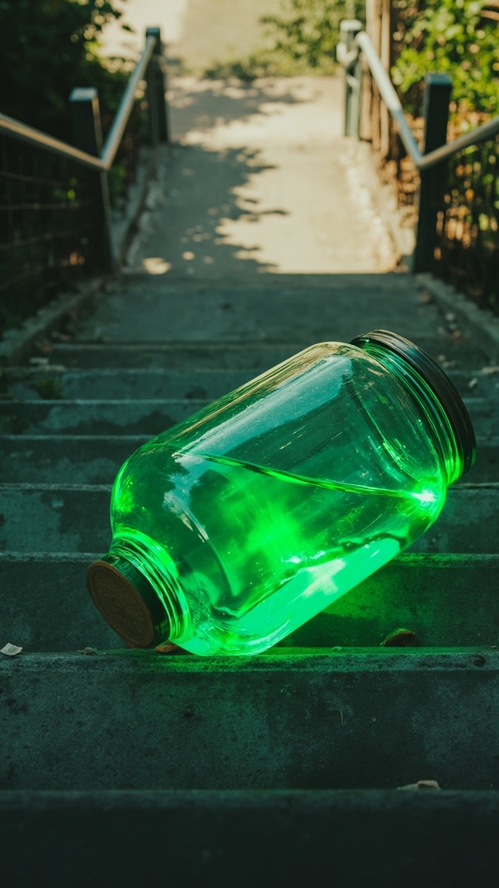 Glowing Jar Poised atop Outdoor Concrete Stairs