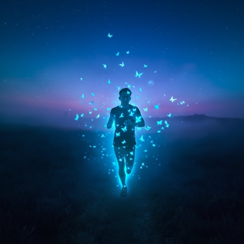 Glowing Runner Amid Butterflies in Twilight Field