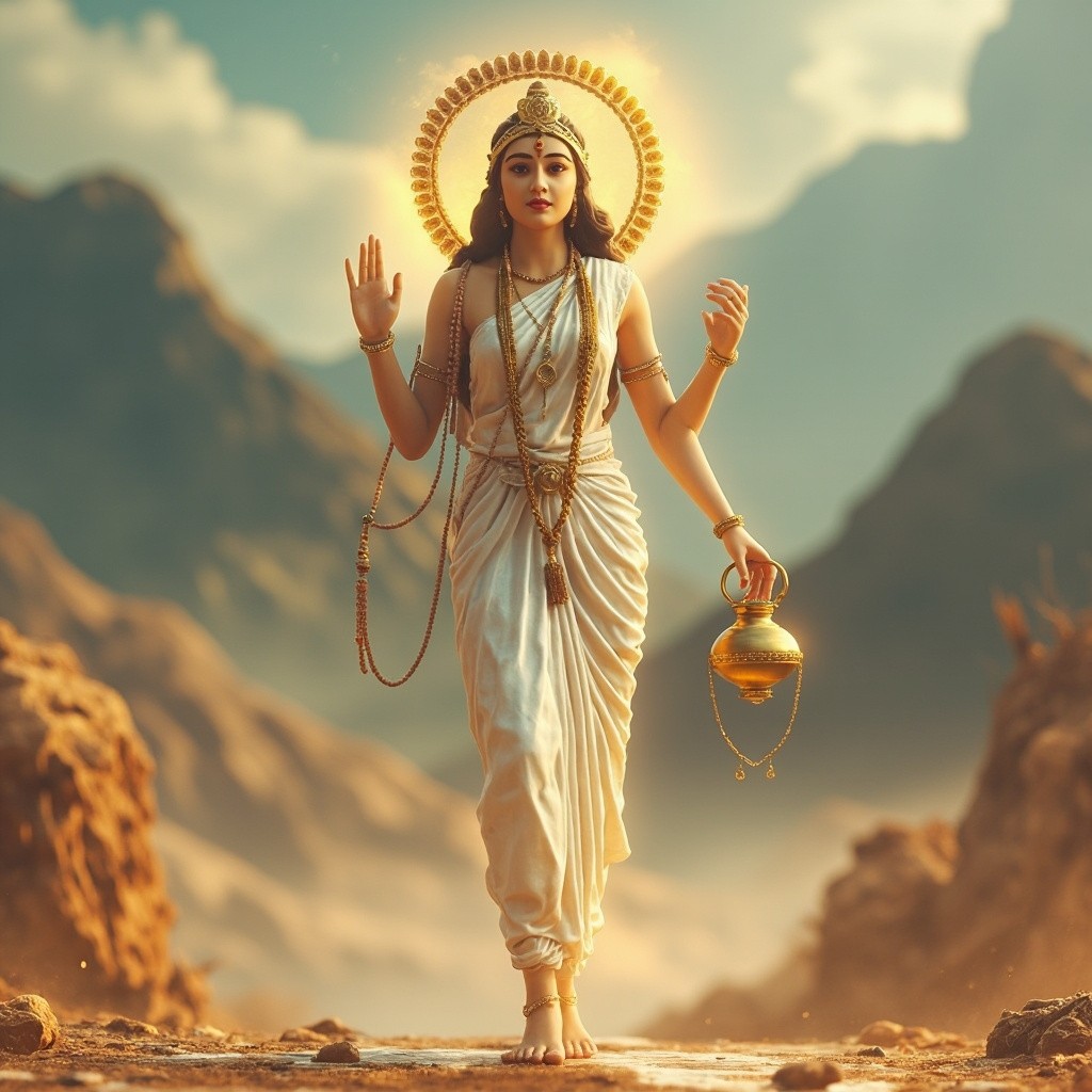 Goddess Brahmacharini Walking in Mountainous Ashram Scene