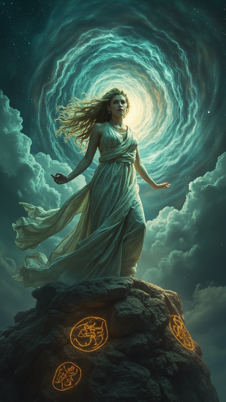 Goddess on Cliff Under Cosmic Sky with Glowing Runes