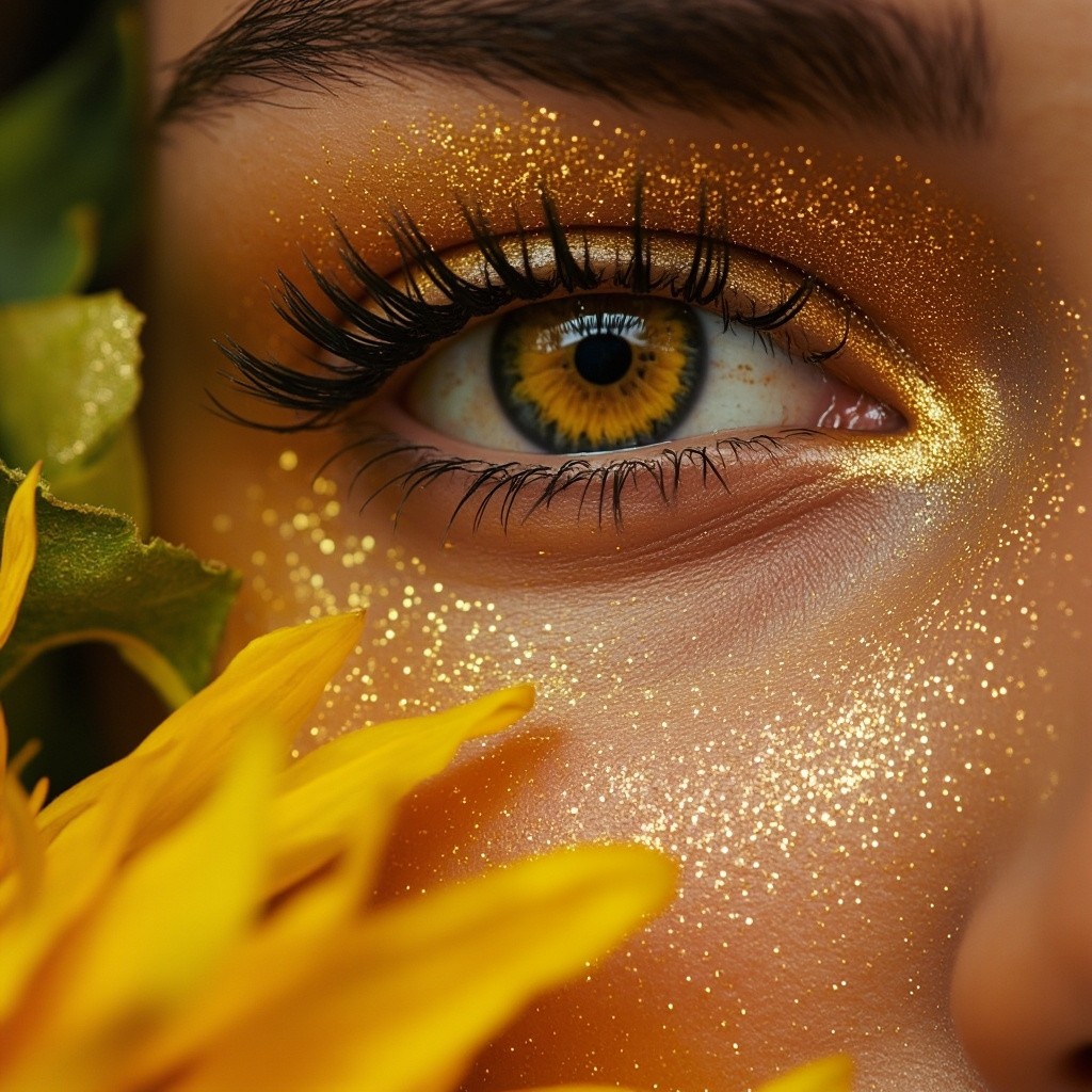 Golden Makeup and Sunflower Reflection in Woman's Eye