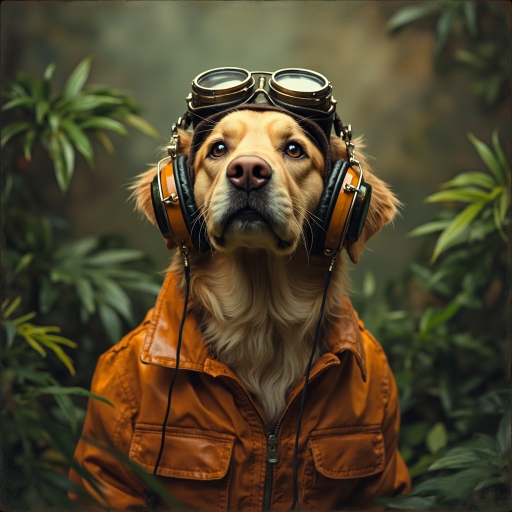 Golden Retriever Adventurer in Jungle, Steampunk Style