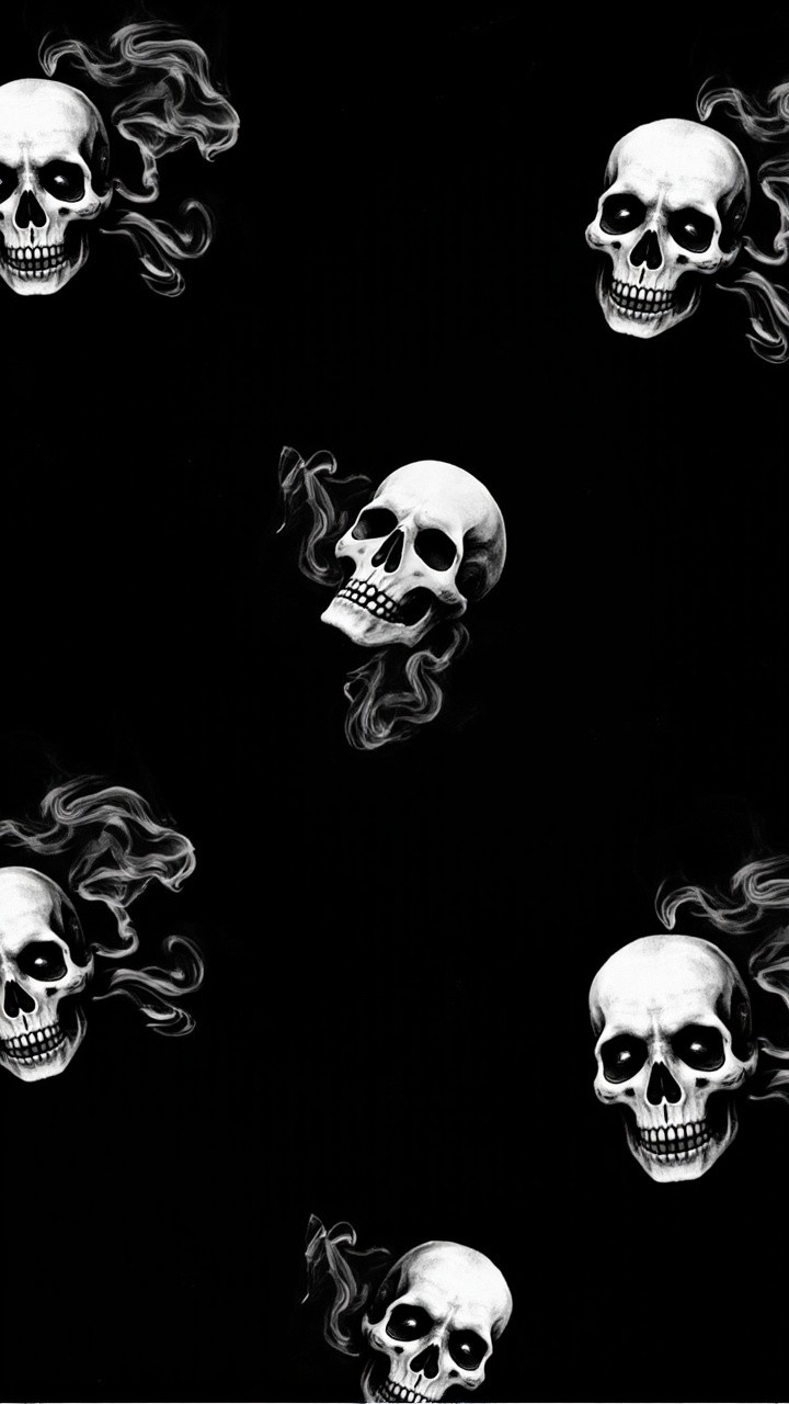 Gothic Skulls in Smoky Pattern on Dark Background