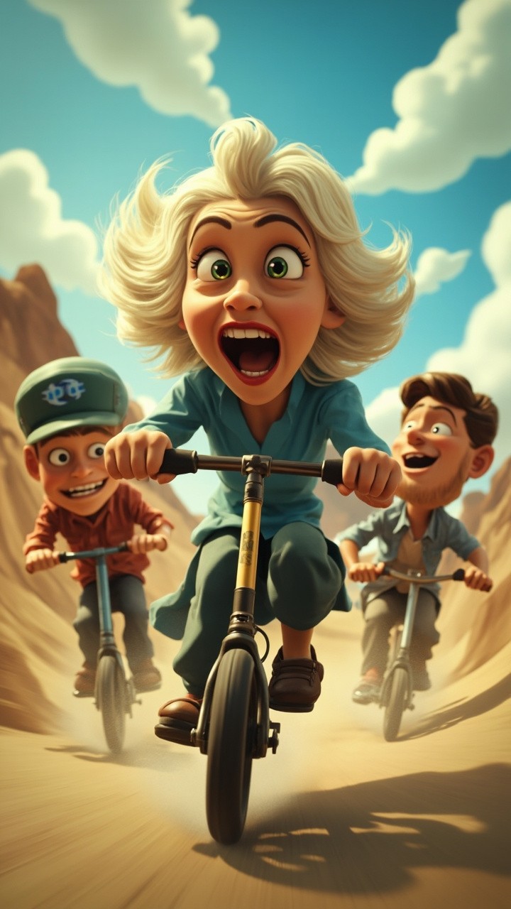 Grandma Scooter Racing Kids Downhill Pixar-Style