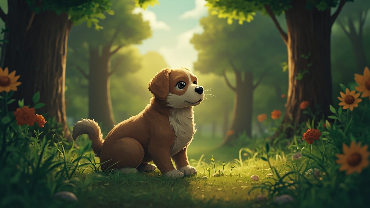 Grandmother and Puppy in Indie-Style Village Forest