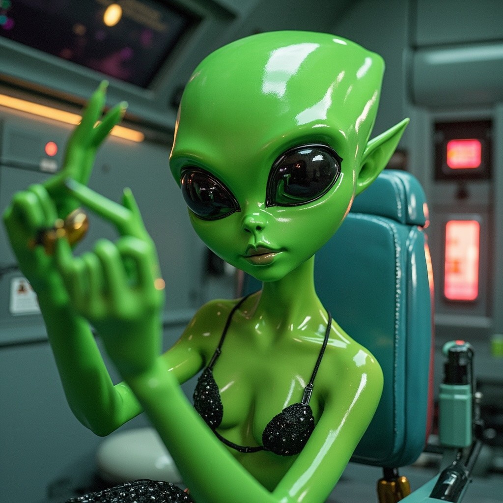 Green Alien Beauty Influencer Recording in Spaceship