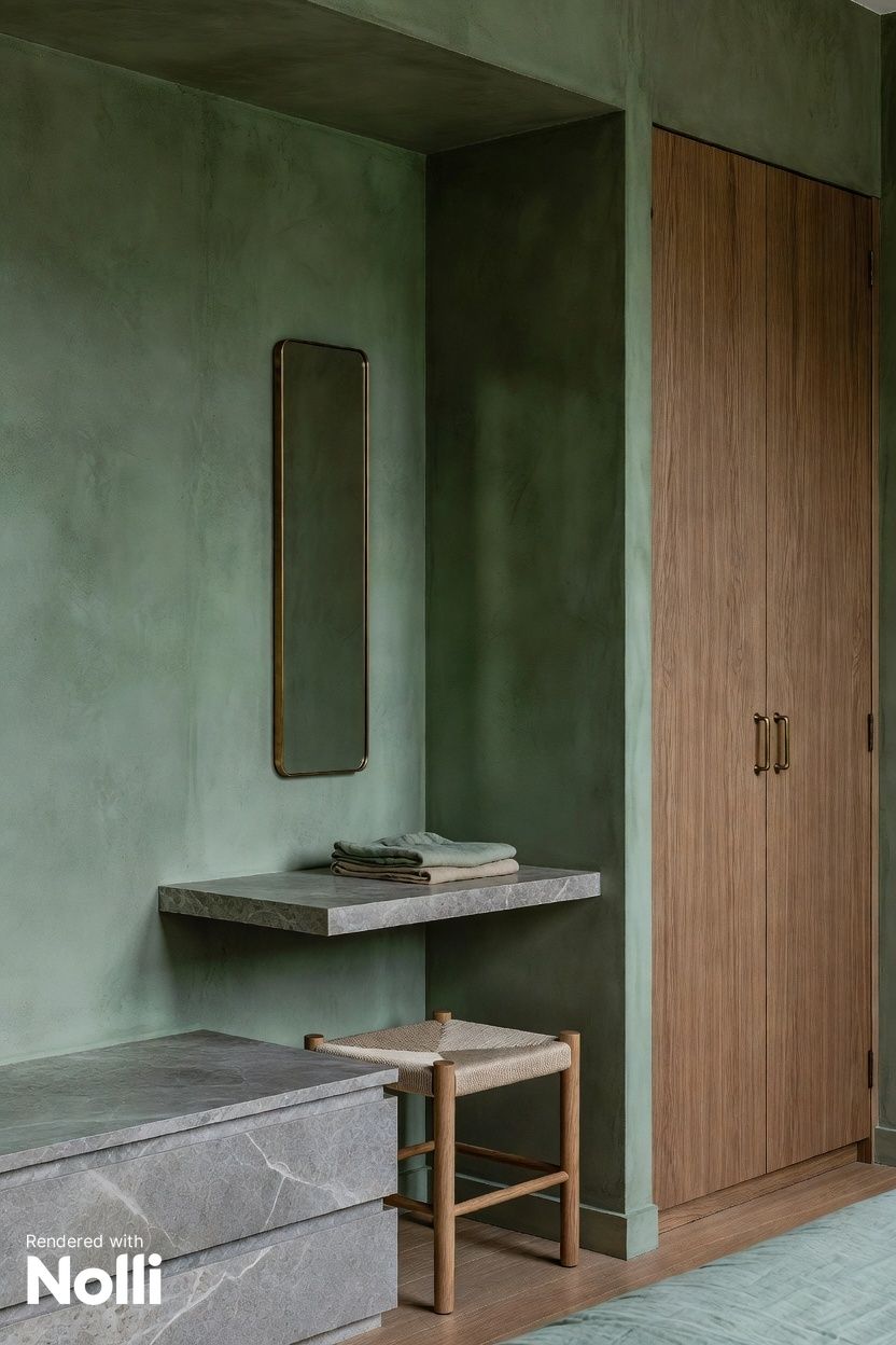 green dressing room ideas Bedroom with Soft Green Niche & Stone Shelf outfits