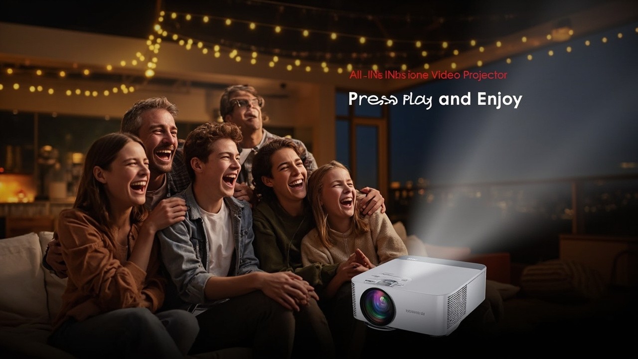 Group of Friends Enjoying Projected Film Together Group of Friends Enjoying Projected Film Together