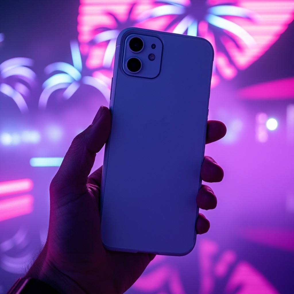 Hand Holding Blank Phone in Neon Vaporwave Background