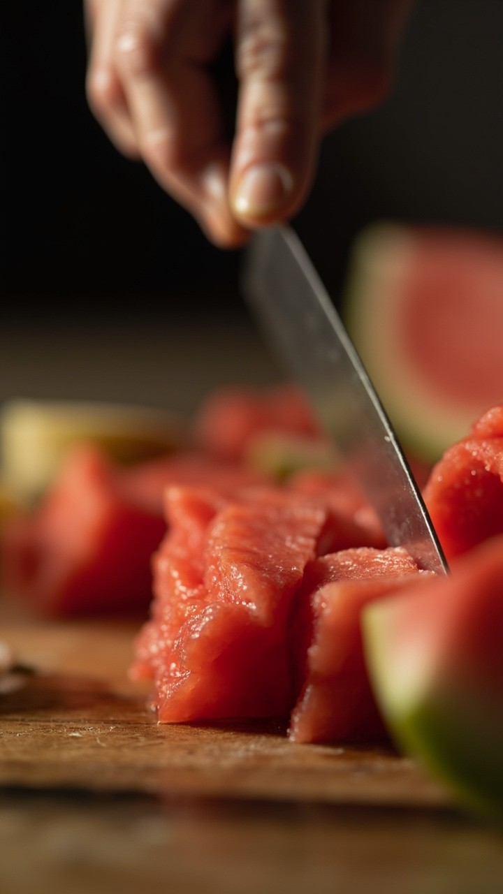 Hand Slicing Juicy Fruit on Reflective Board