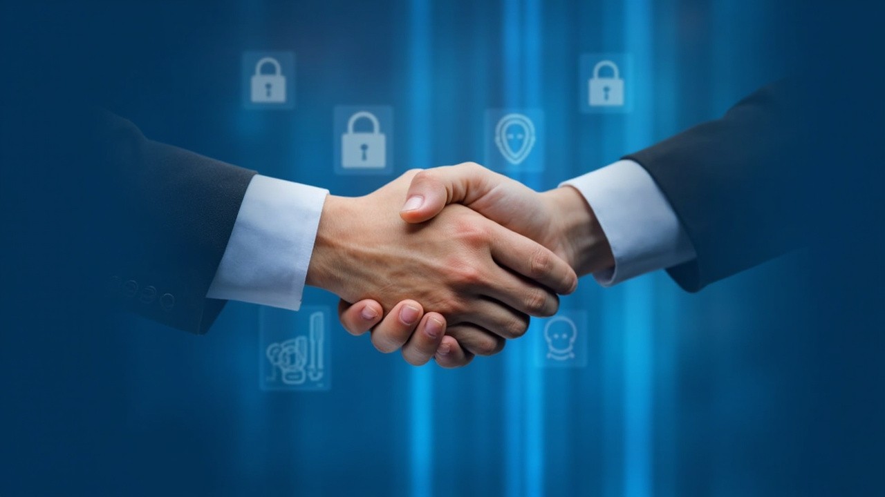 Handshake Amidst Security Icons on Gradient Background