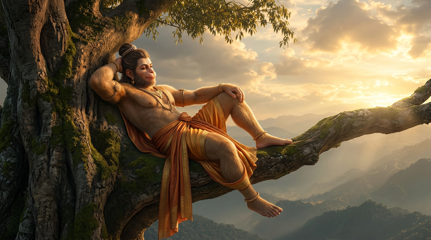 Lord Hanuman on Ancient Tree Branch overlooking Vast Misty Valley Lord Hanuman on Ancient Tree Branch overlooking Vast Misty Valley