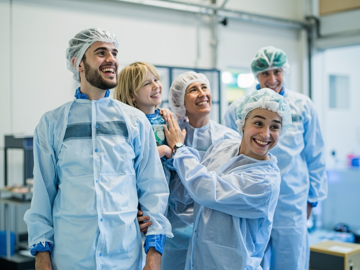 Happy Family and Co-Workers in Cleanroom Suits