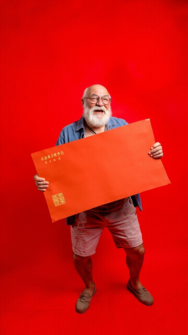 Happy Man with Beard Holding Big Red Envelope