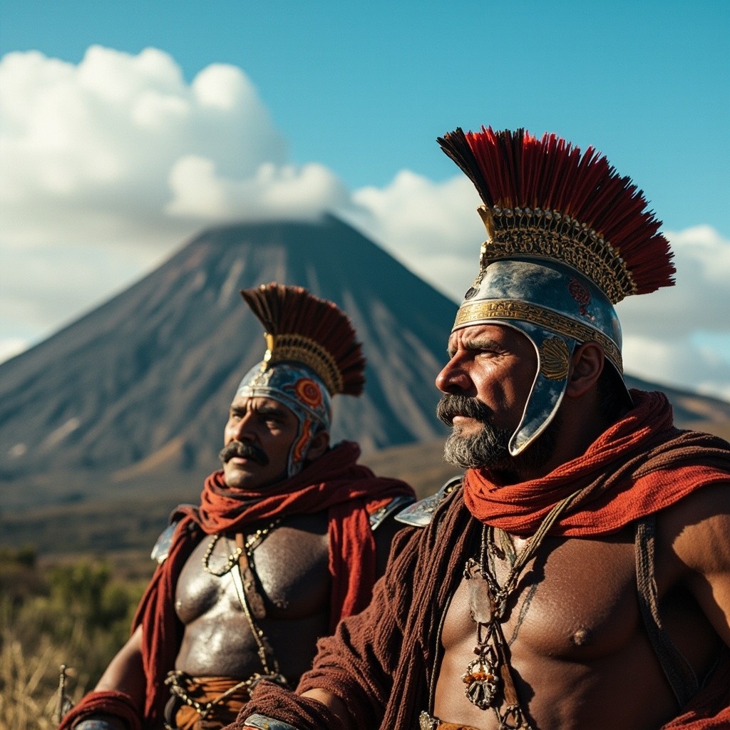 Happy Mexican Warriors Resting Behind Two Volcanoes