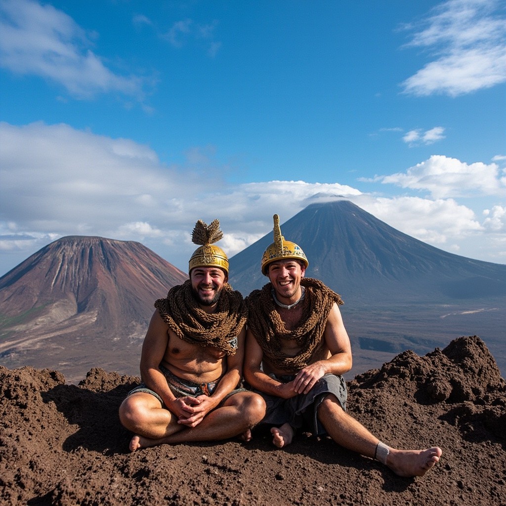 Happy Mexican Warriors Resting Behind Two Volcanoes