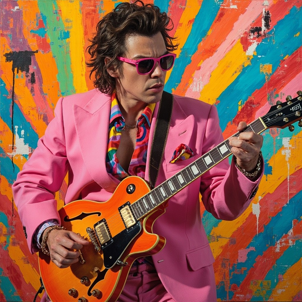Harry Styles in Pink Suit, Playing Orange Guitar