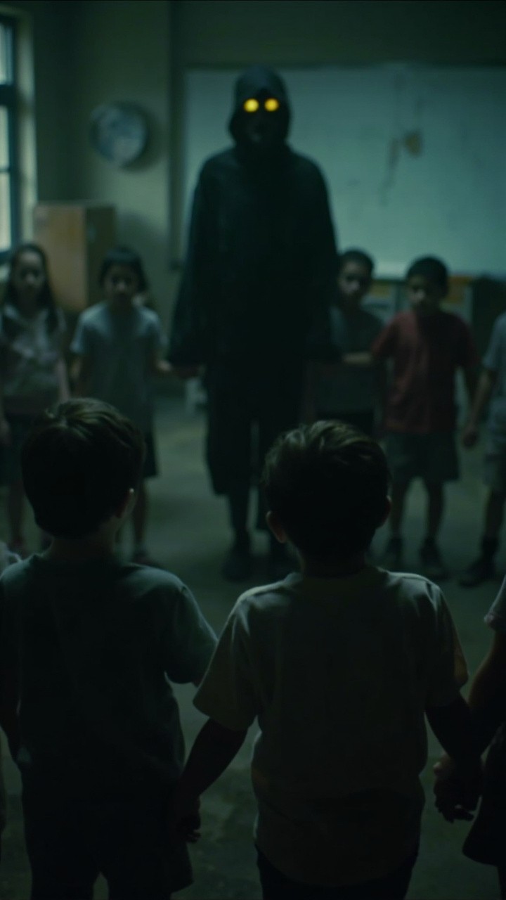 Haunting Shadow Figure in Dimly Lit Classroom