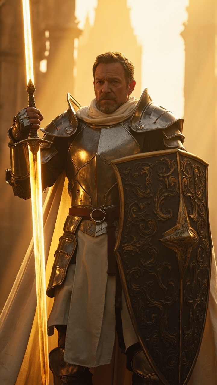 Heroic Paladin in Glowing Armor at Cathedral Ruins