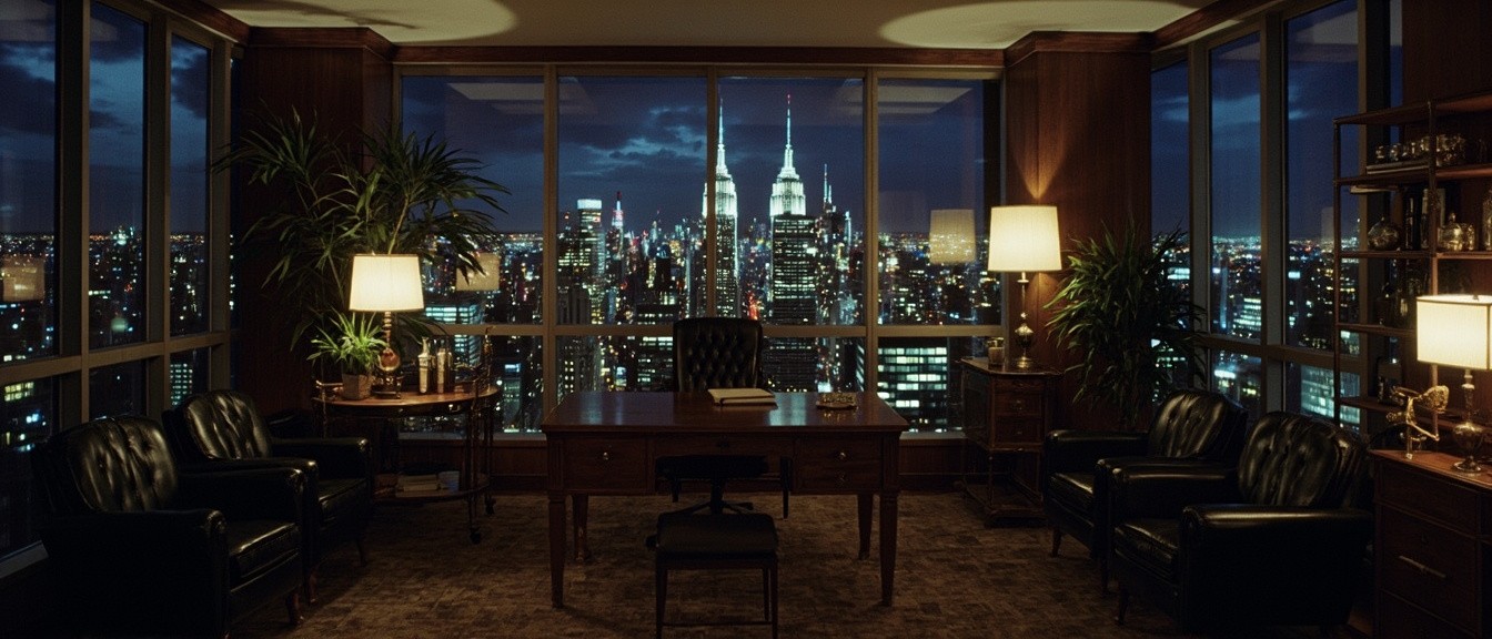 High-End 1980s New York Office at Night