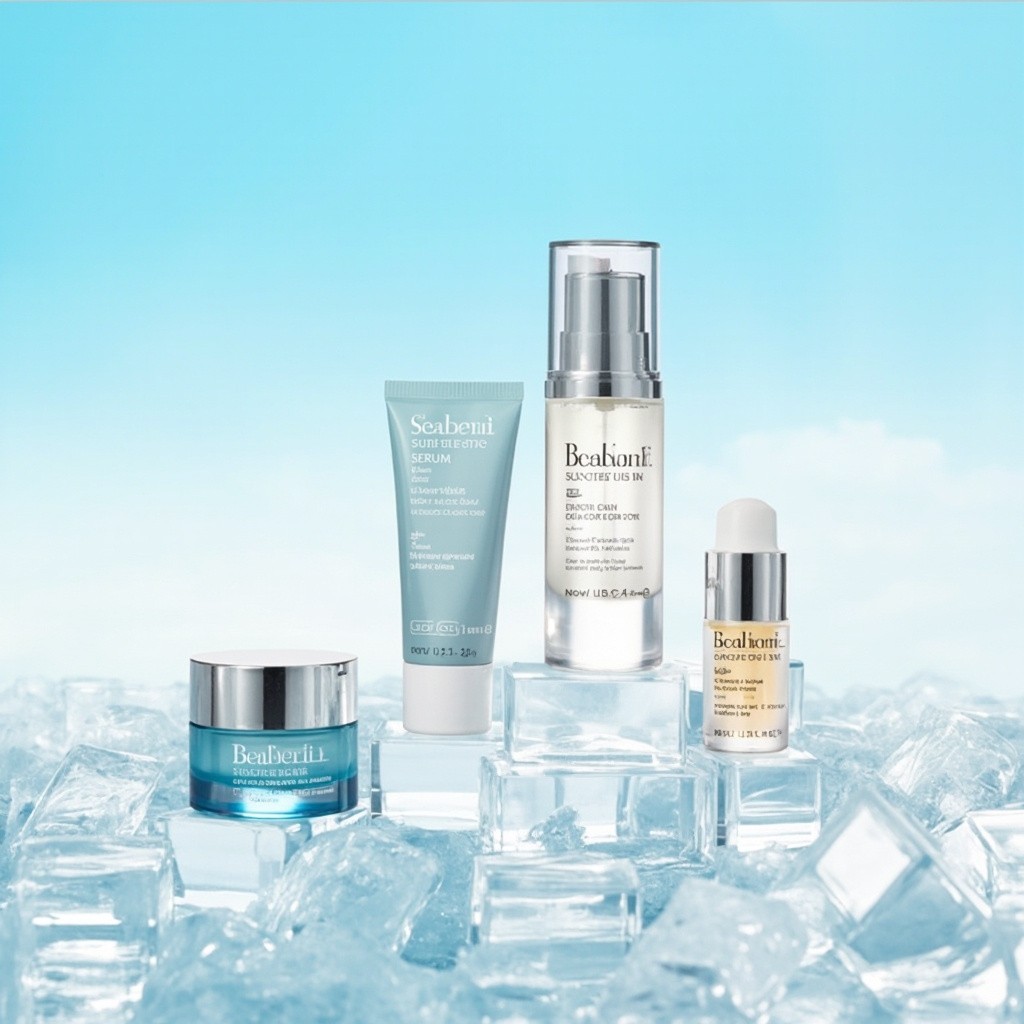 Highend Skincare Products Displayed on Ice Cubes